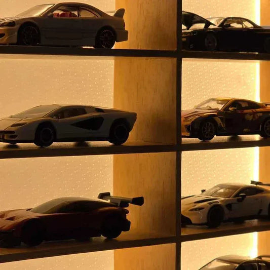 GenzToy™ Wooden Light Up Hot Wheels Organizer With 12 Luxury Metal Cars