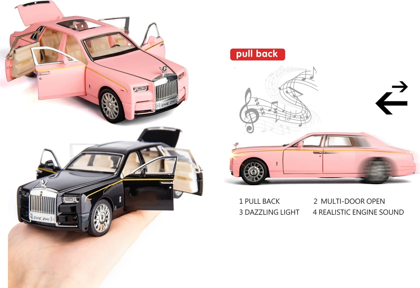 GenzToy Rolls-Royce Phantom Die-Cast Model Car 1:32 Scale | Pull Back, Light & Sound