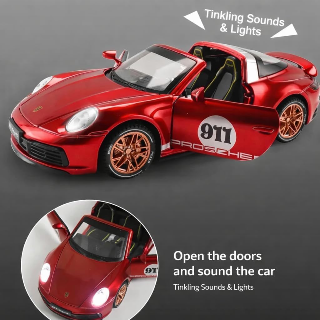 GenzToy™ Porsche 911 Targa 4S 1:32 Die-Cast Metal Model Car with Lights, Sound & Pull Back Action