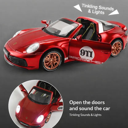 GenzToy™ Porsche 911 Targa 4S 1:32 Die-Cast Metal Model Car with Lights, Sound & Pull Back Action