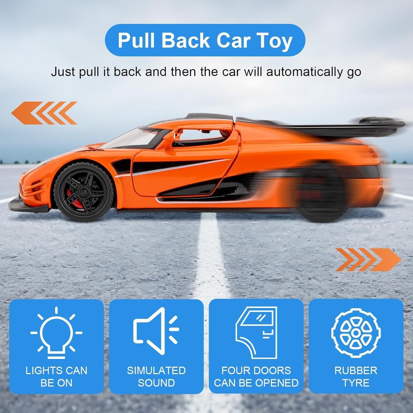 GenzToy™ Koenigsegg One:1 1:32 Die-Cast Metal Model Car with Lights, Sound & Pull Back Action