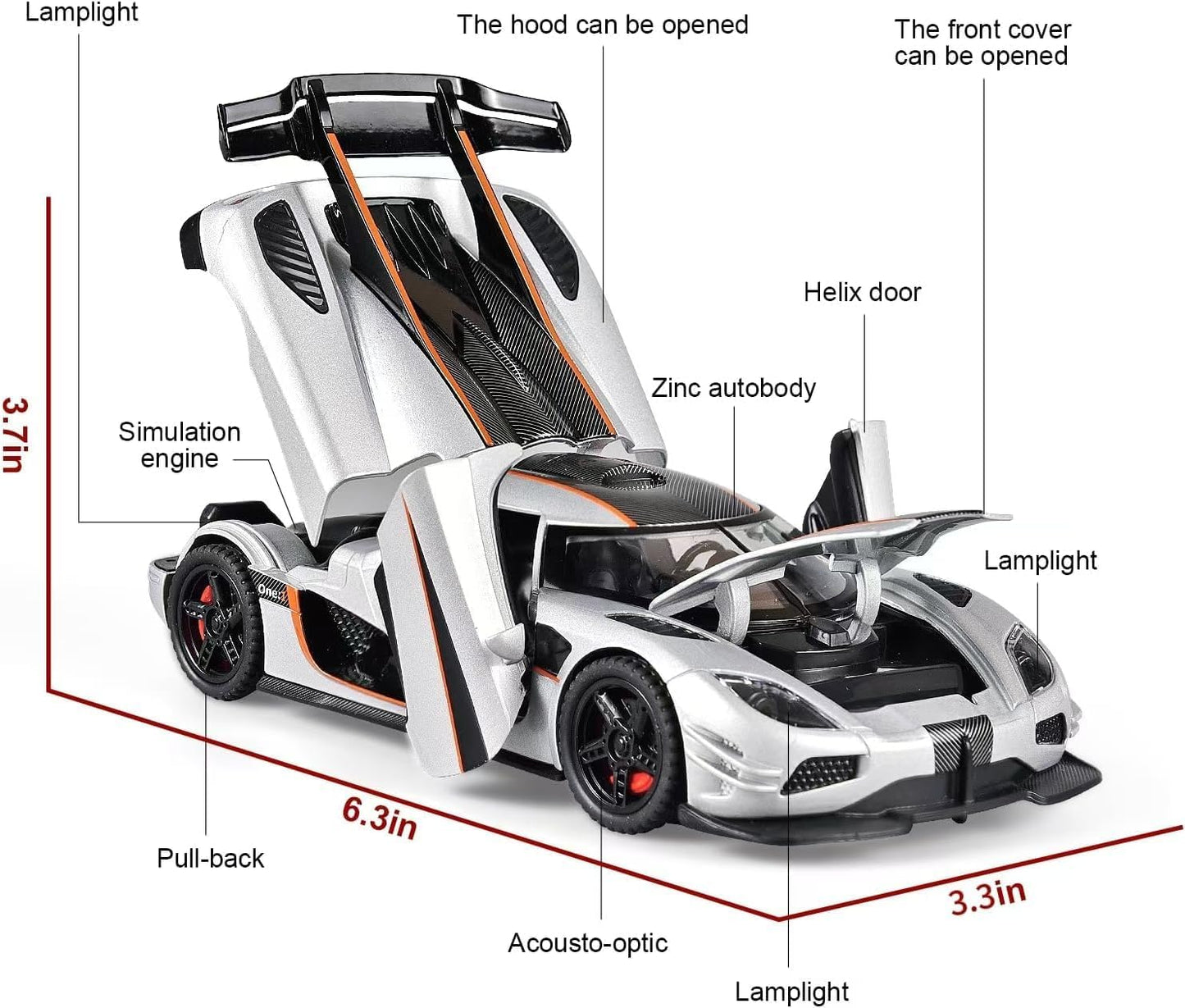 GenzToy™ Koenigsegg One:1 1:32 Die-Cast Metal Model Car with Lights, Sound & Pull Back Action