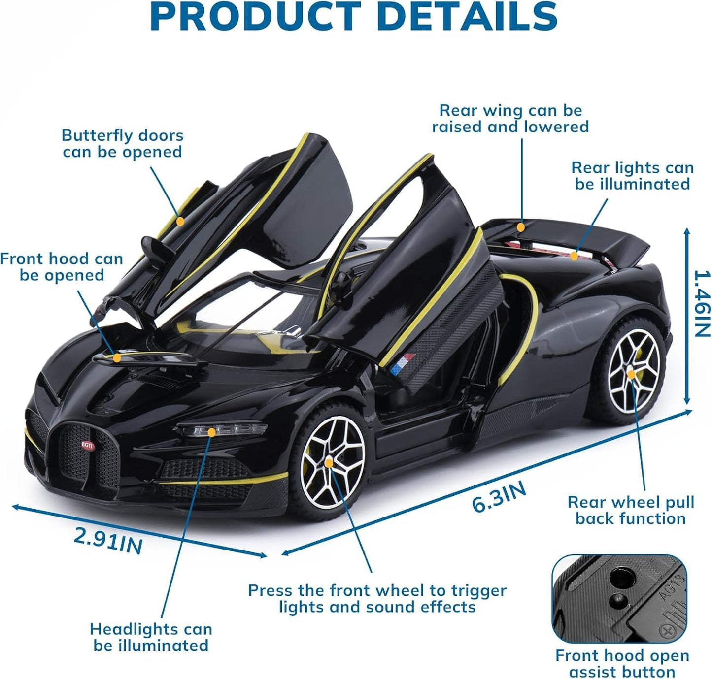 GenzToy™ Bugatti Tourbillon V16 1:32 Die-Cast Metal Model Car with Lights, Sound & Pull Back Action