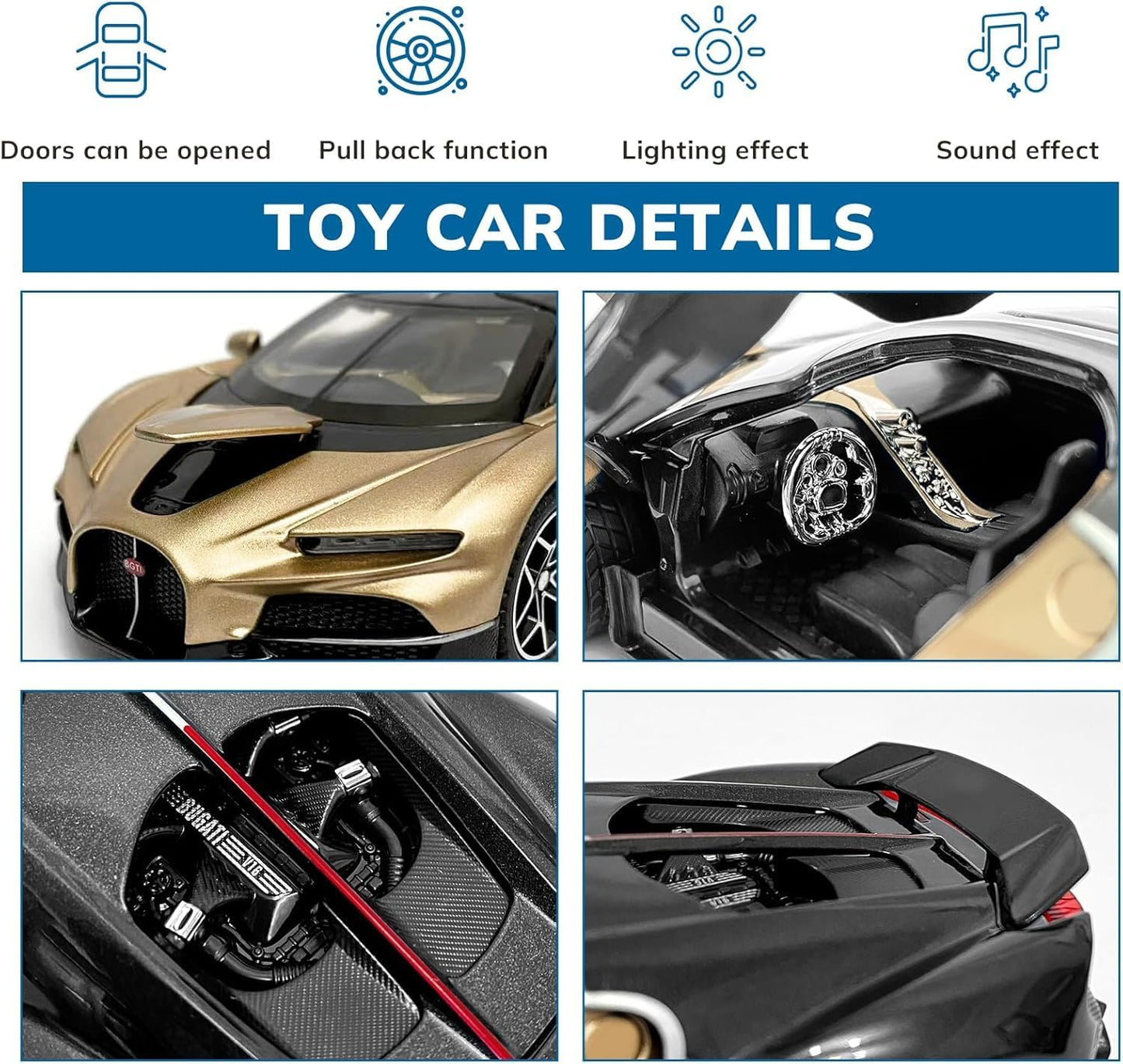 GenzToy™ Bugatti Tourbillon V16 1:32 Die-Cast Metal Model Car with Lights, Sound & Pull Back Action